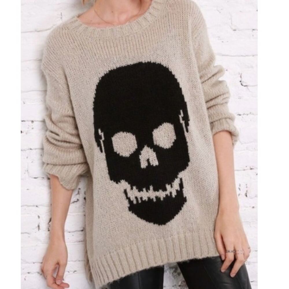 Wooden Ships Sz X/S Skull Pullover Sweater Tan Goth Edgy Punk Halloween Chunky